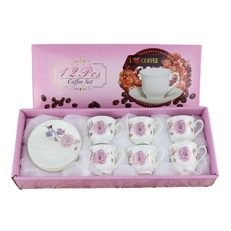 Set of 6 Custom Ceramic Tea Cups and Saucers with Color Box for Turkish Tea and Coffee for Giveaways