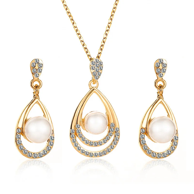 Fashion Imitation Pearl Bride Jewelry Set for Women Romantic Rhinestone Drop-shaped Pendant Necklace and Earrings Set