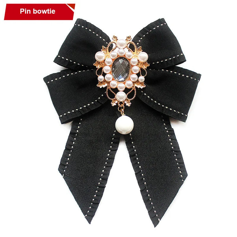 Bowknot Rhinestone Ribbon Bow Brooch Pre-Tied Bow Tie for Women Neck Tie Wedding Party Christmas Gifts Ceremony