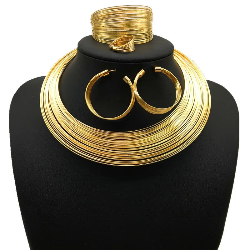 African Jewelry Set Trendy Alloy Wire Torques Necklaces with C Shape Earrings Open Ring Bracelet for Women Dress Bridal Jewelry