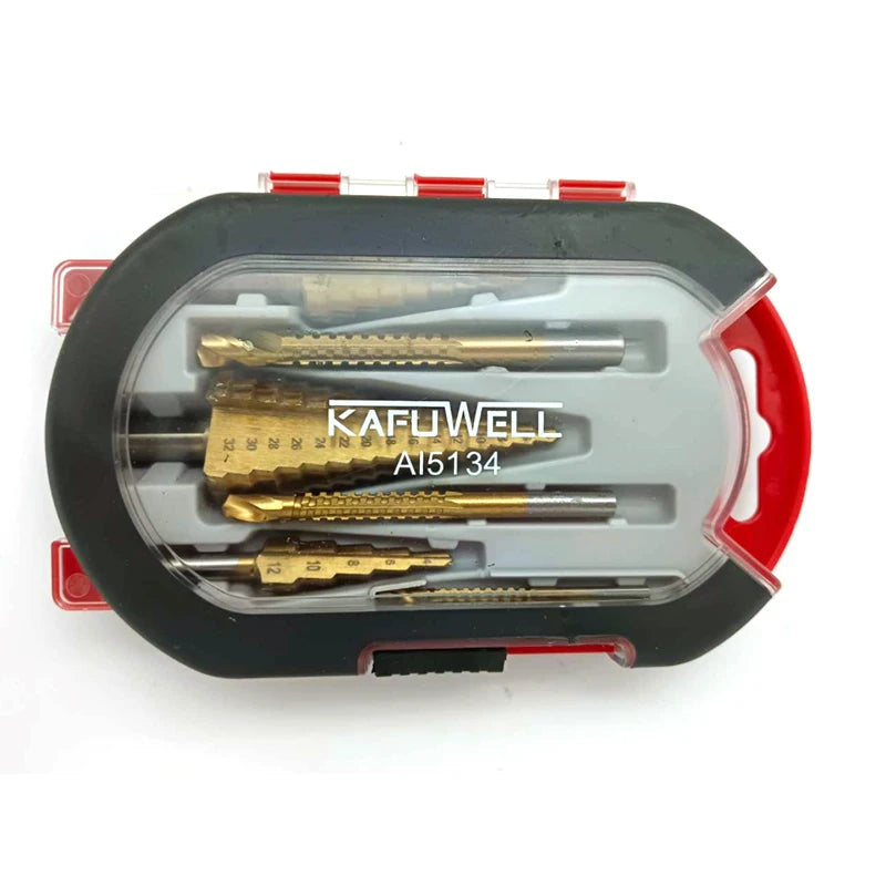 KAFUWELL AI5134 Drill Suit 6pc High Speed Steel 4241 Titanium Plated Step Drill Slot Broaching Serrated Stainless Steel Tapper