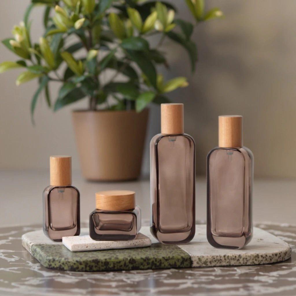 Luxury 100ml Bamboo Cap Square Frosted Glass Pump Bottle with Clear Polished 30ml 50ml 120ml Cosmetics Sets for Skin Care Serum