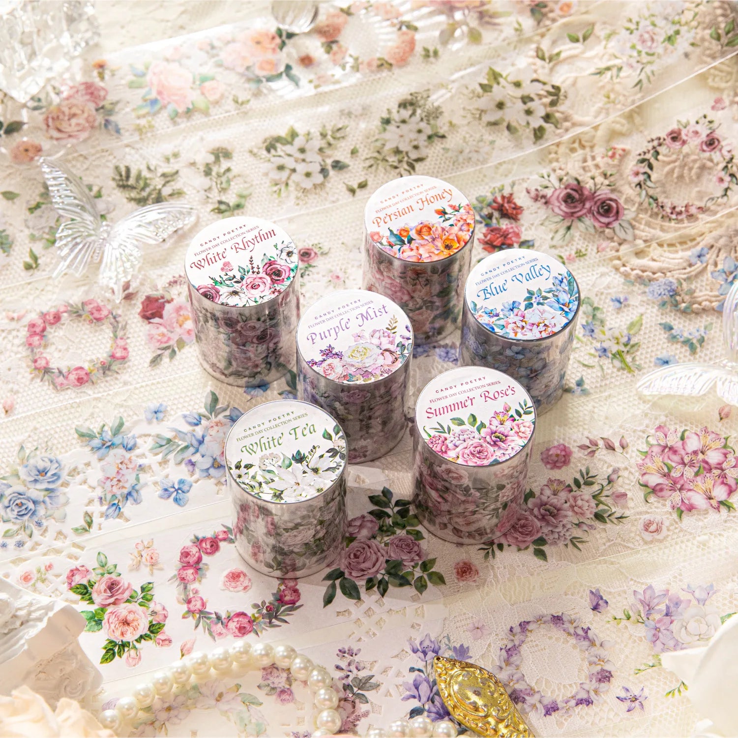 2M/Roll PET Die-cut Tape Flower Day Collection Flower Theme Handbook Decoration Material Loop Stickers 6 Options