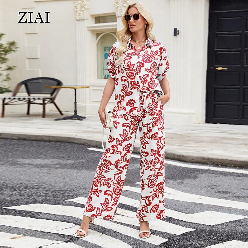 New Spring Summer Hot Sale Casual Women's Printed Two-Piece Blouse & Pants Set