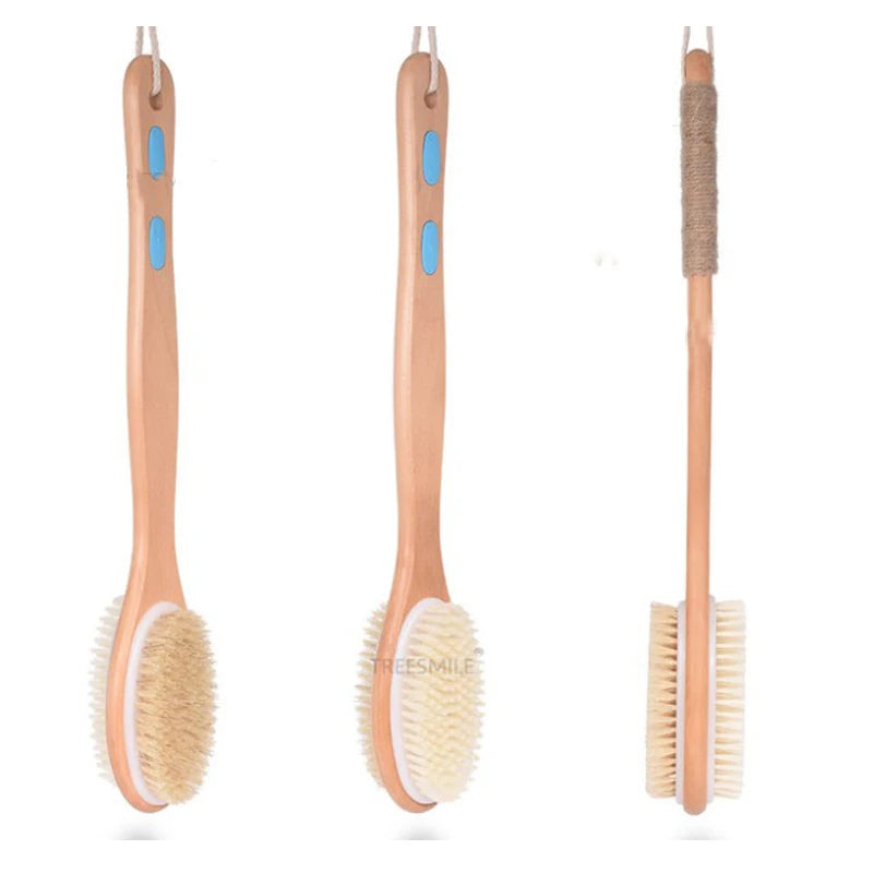 Wooden Bath Brush Long Handle With Double Sided Bristles Wood Massage Shower Brush With Soft and Stiff Bristles Cleaning Brush