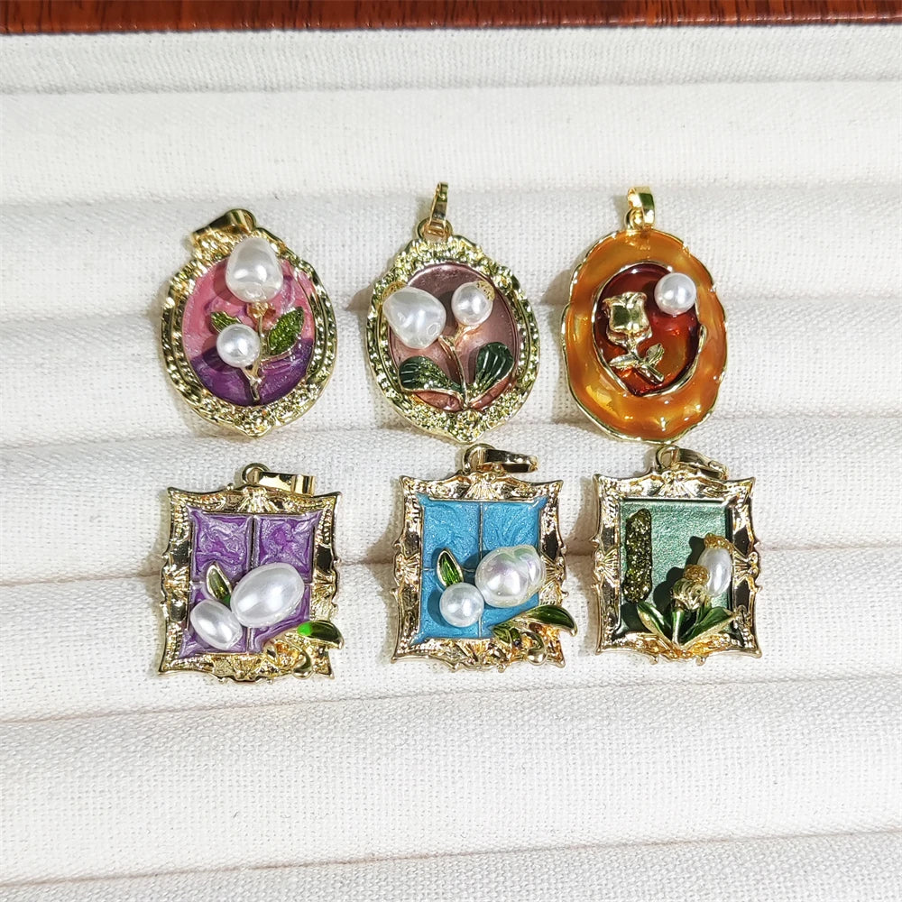 French Style Vintage Jewelry Pearl Pendant Fashion Gold Plated Charm Oval Rectangle Enamel Monet's Garden Pendant for Necklaces