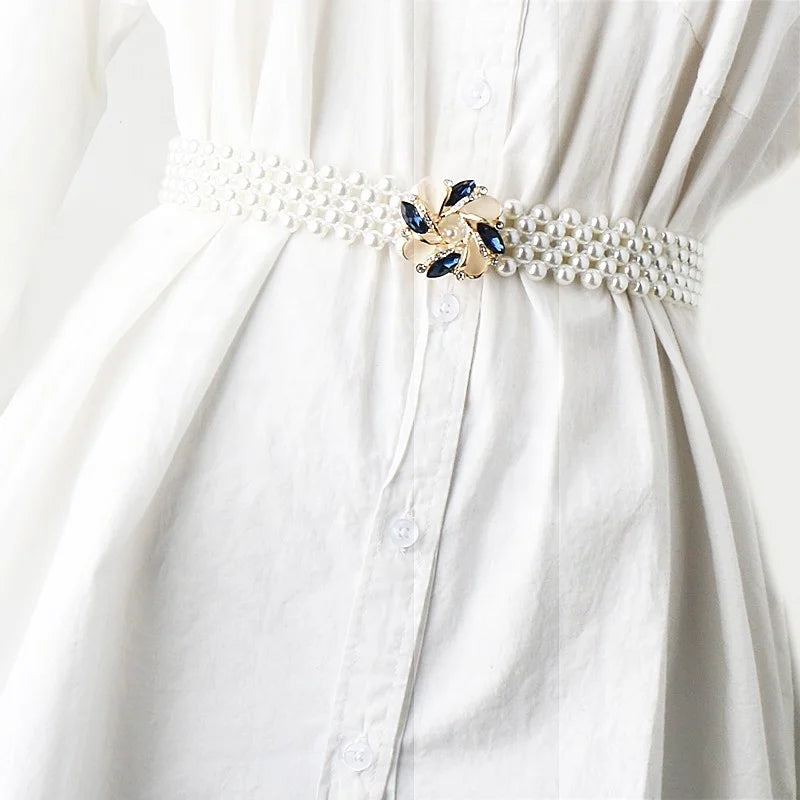 Ladies Fashion Beaded Belt with Pearl Elastic Waistband Decorative Accessories Waist Chain