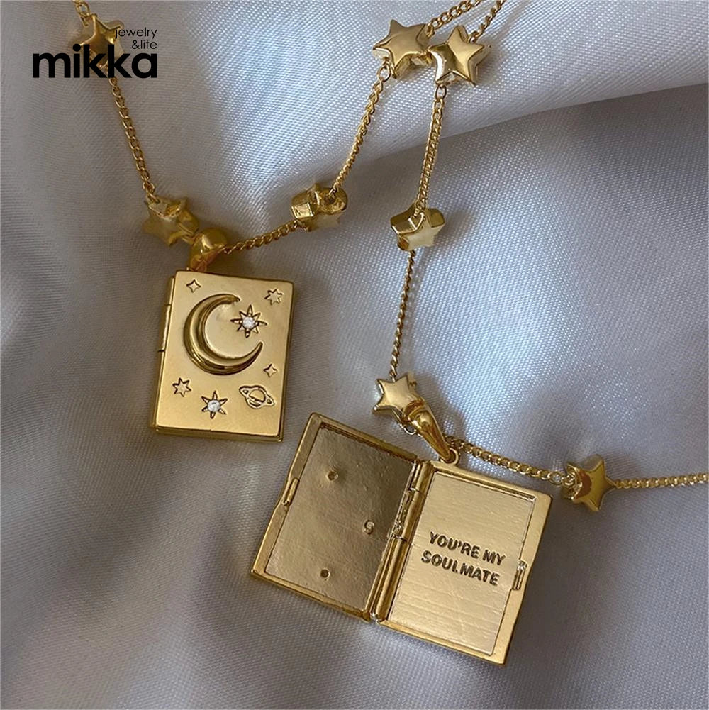 High Quality Retro 14K Gold Plated Flip Buckle Personalized You're My Soulmate Star Moon Diamond Lock Necklace