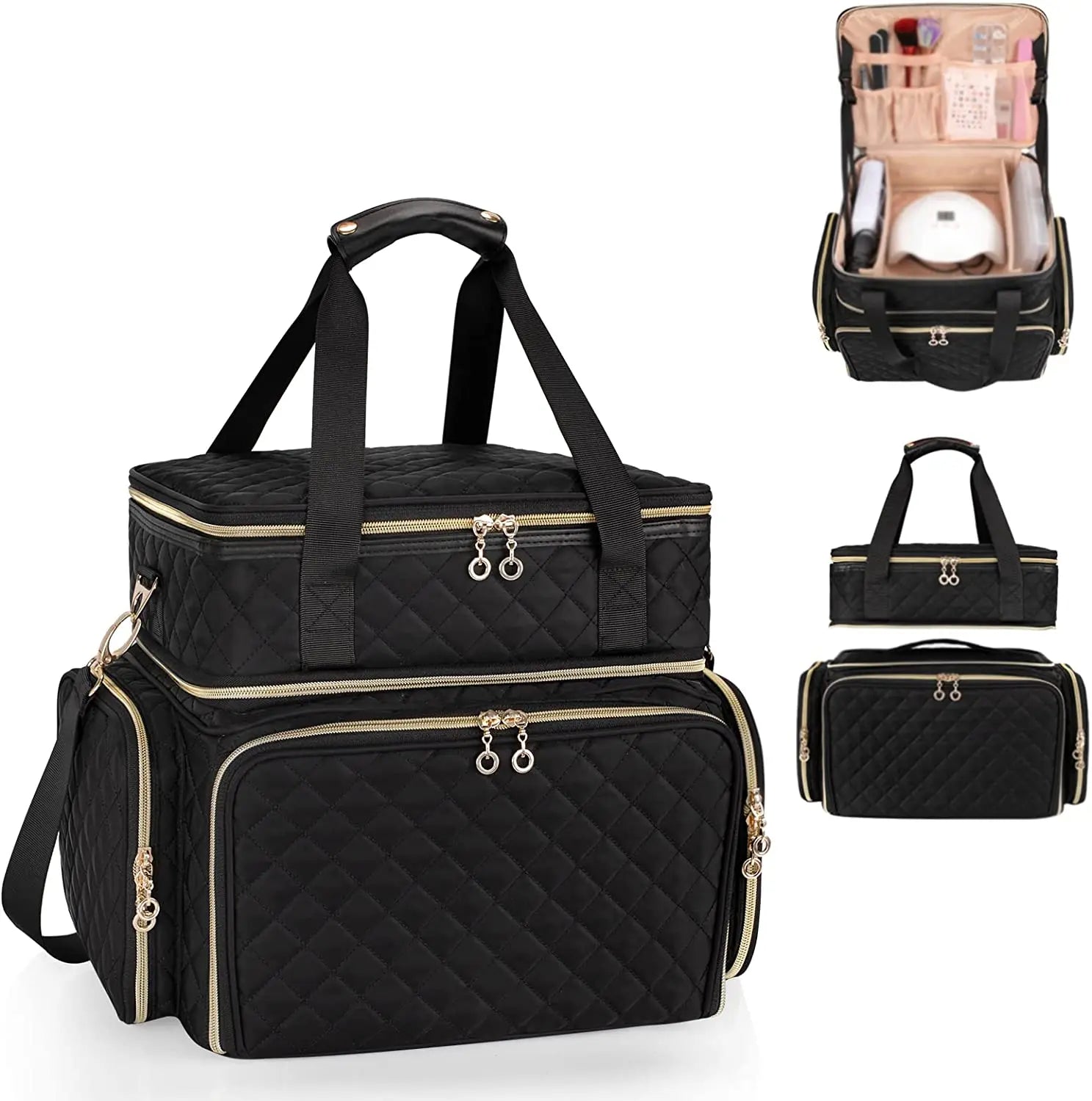 For PU Material Zipper Closure Detachable Nail Supplies Case with 2 Removable Bags Holds 70 Nail Bottles Accessories Storage