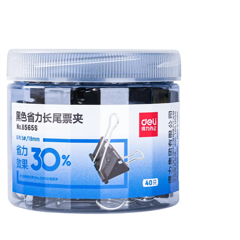 Deli 8565S 40pcs/barrel Office Labor-saving Black Binder Clip 19mm School Use File Folder 96barrel*40pcs=3840pcs Per Carton Set