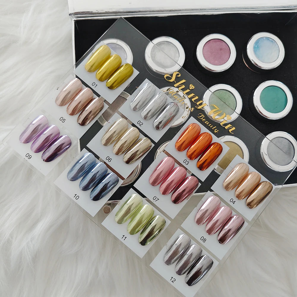 OEM/ODM Customized 12 Colors Aurora Chrome Collection Nail Art Powder with Acrylic Color Display Board Box Packing