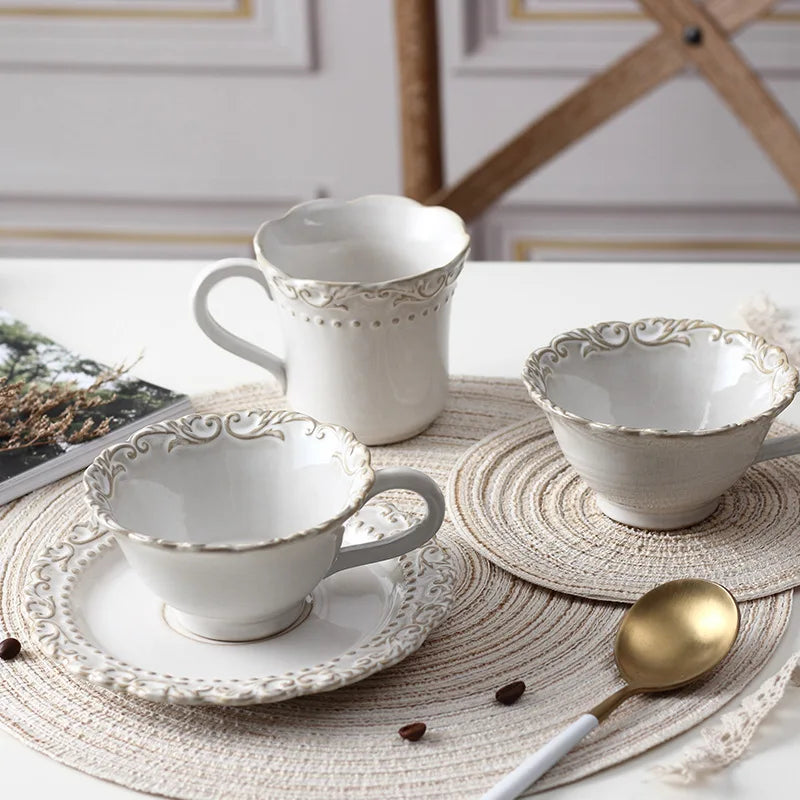 French Retro Relief Palace Style Kiln Changed Ceramic Coffee Cup and Saucer