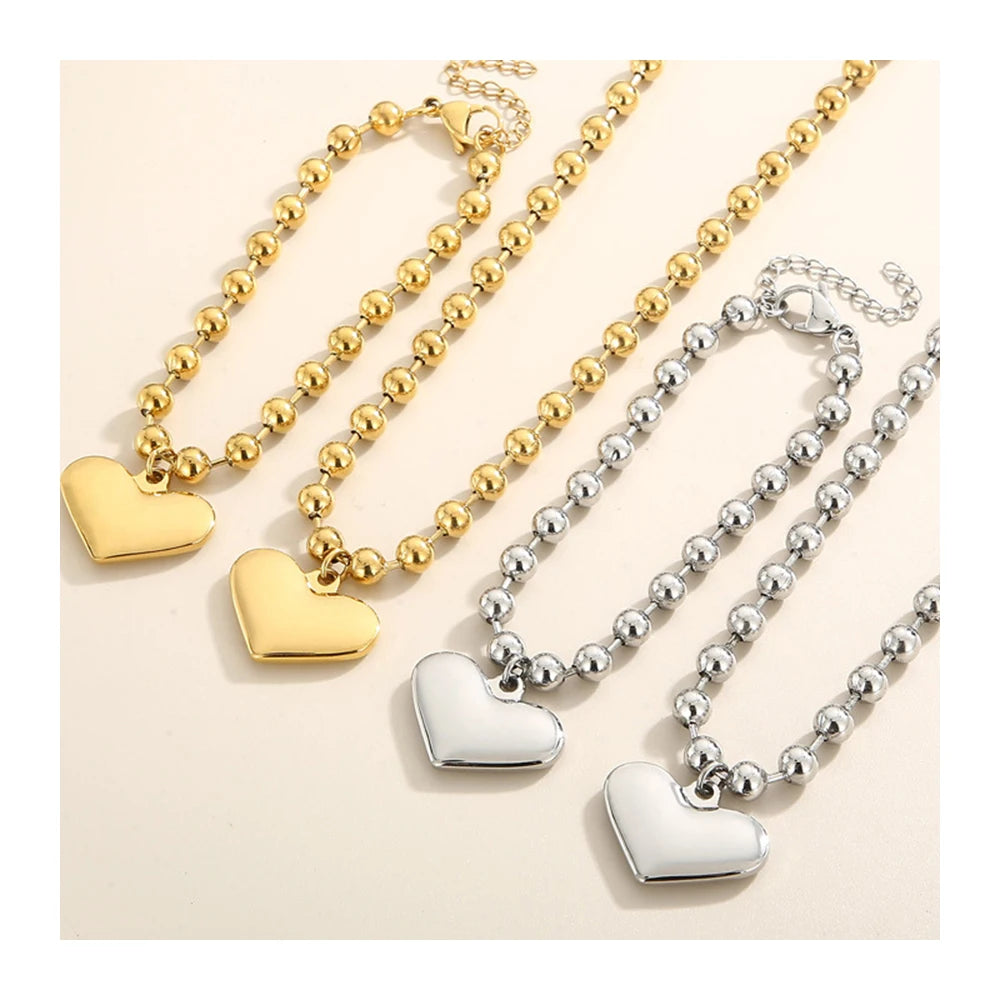 New Arrivals Stainless Steel Heart Charm Pendant Necklace 18k Gold Plated 6MM Ball Beaded Necklace Ladies Jewelry Set YF3530