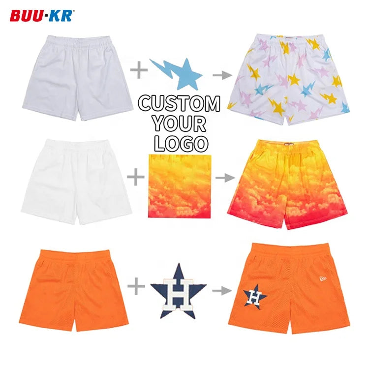 Buker Custom Drawstring Summer Plus Size Men'S Polyester All Over Logo Printed Above the Knee Mesh Shorts