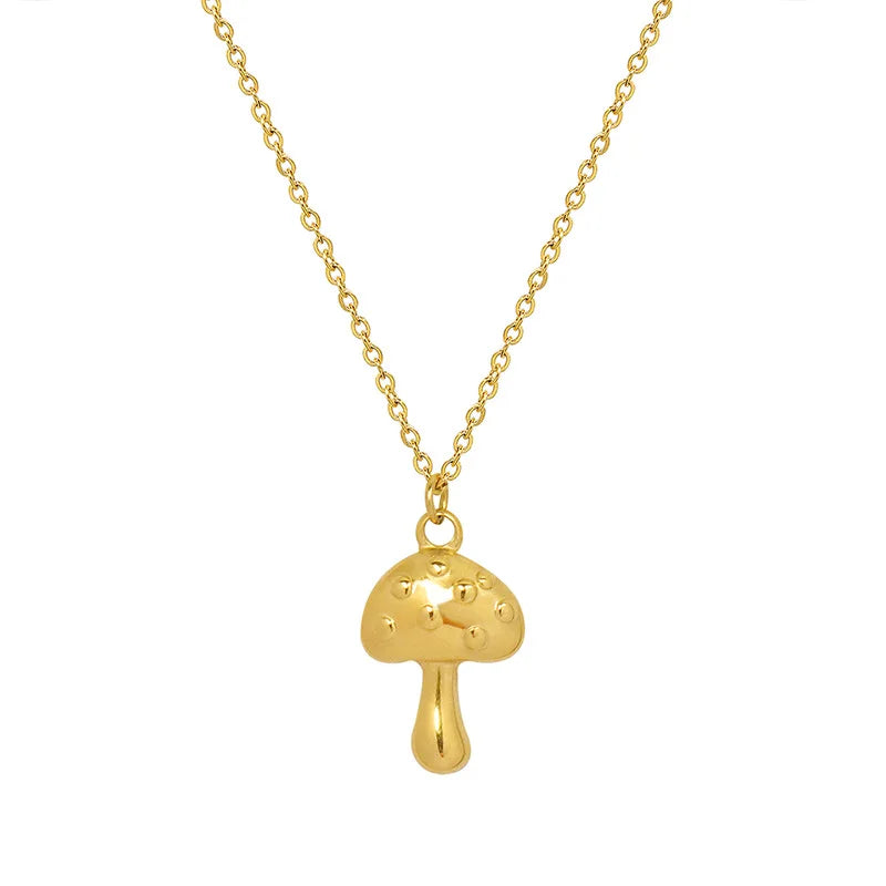 18K Gold Plated Retro Small Mushroom Pendant Clavicle Chain Necklace Stainless Steel Jewelry for Ladies Girls