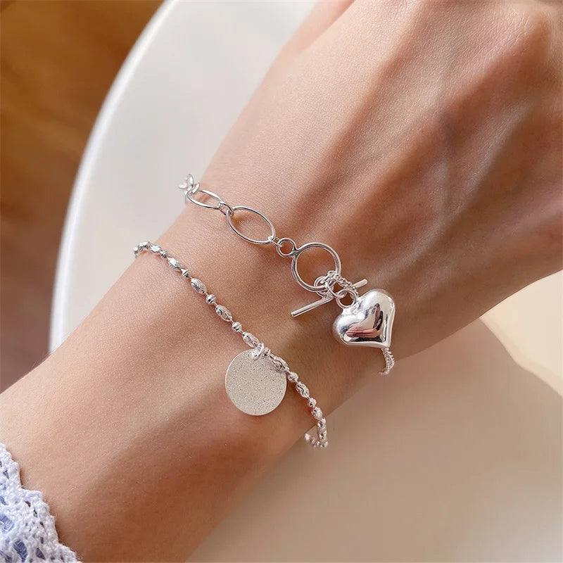 Statement 925 Sterling Silver Different Chain Toggle Heart Pendant Bracelet