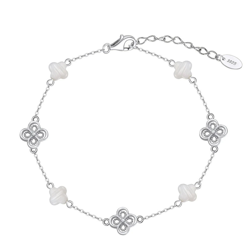 GMB67 RINNTIN Wholesale Rhodium Plated Shell Pearls Bracelet Latest Girl 925 Silver Jewelry Four Leaf Clover Bracelet for Women