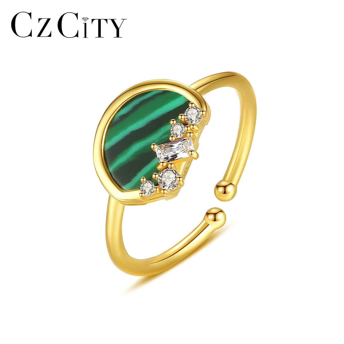CZCITY Turquoise Anillos Joyeria Fina Para Mujer 925 Sterling Silver Jewelry Malachite Adjustable Ring