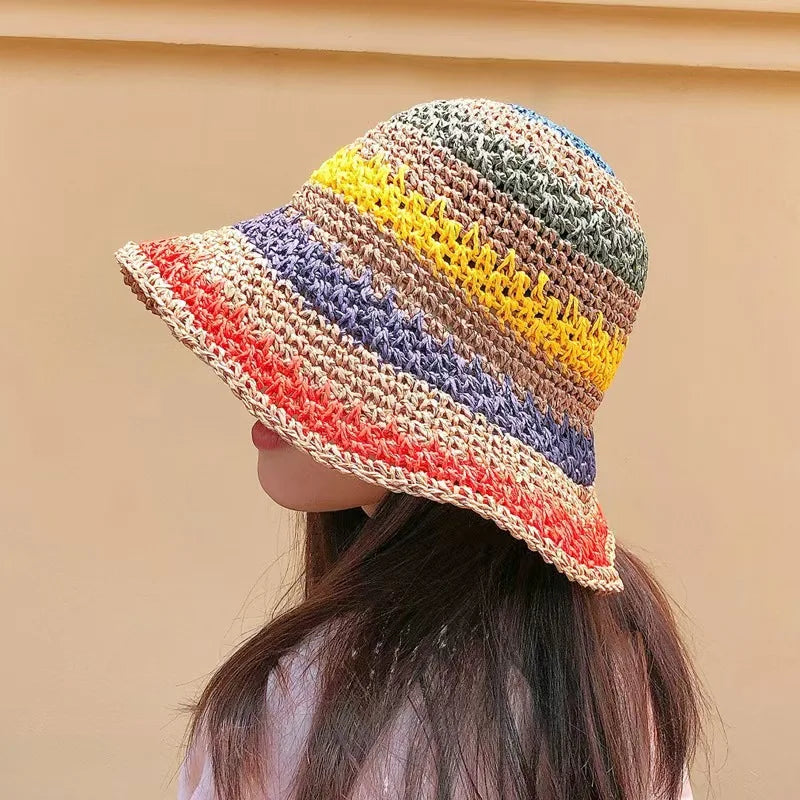 2025 Summer Women Beach Fisherman Hat Custom Cap Paper Grass Rainbow Crochet  Flower Straw Bucket Hats