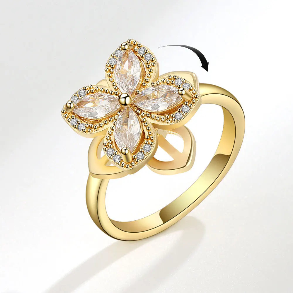 Wholesale Zircon Flower Shape Anxiety Spinner Fidget Rings Adjustable Rotatable Zircon Birthstone Rings for Teen Girls