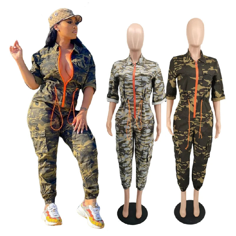 YM204 High-quality Plus Size Jumpsuits Women Half Sleeve Turn-down Collar Woven Camouflage Jumpsuits for Women