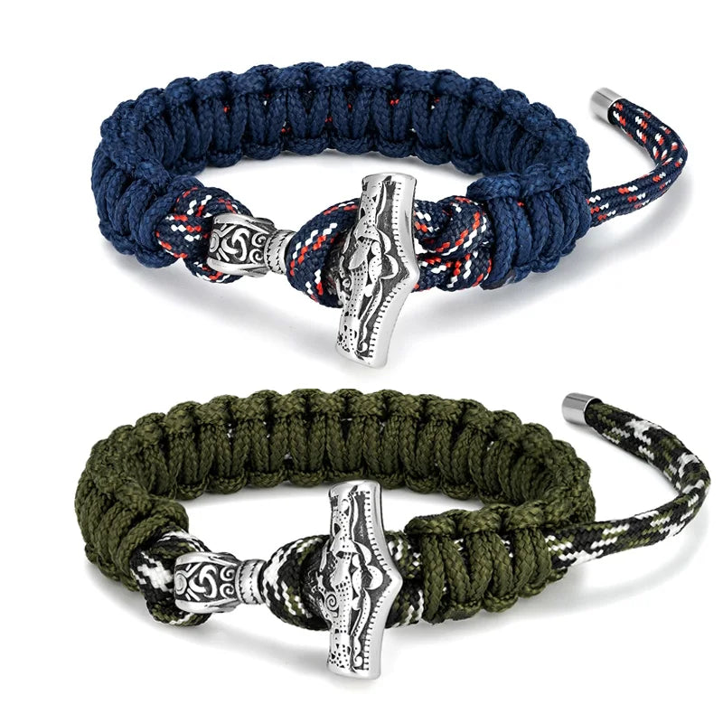 New Style Stainless Steel Nordic Viking Thor Hammer Paracord Bracelet Outdoor Sports Nylon Rope Braided Bracelet Men's Jewelry