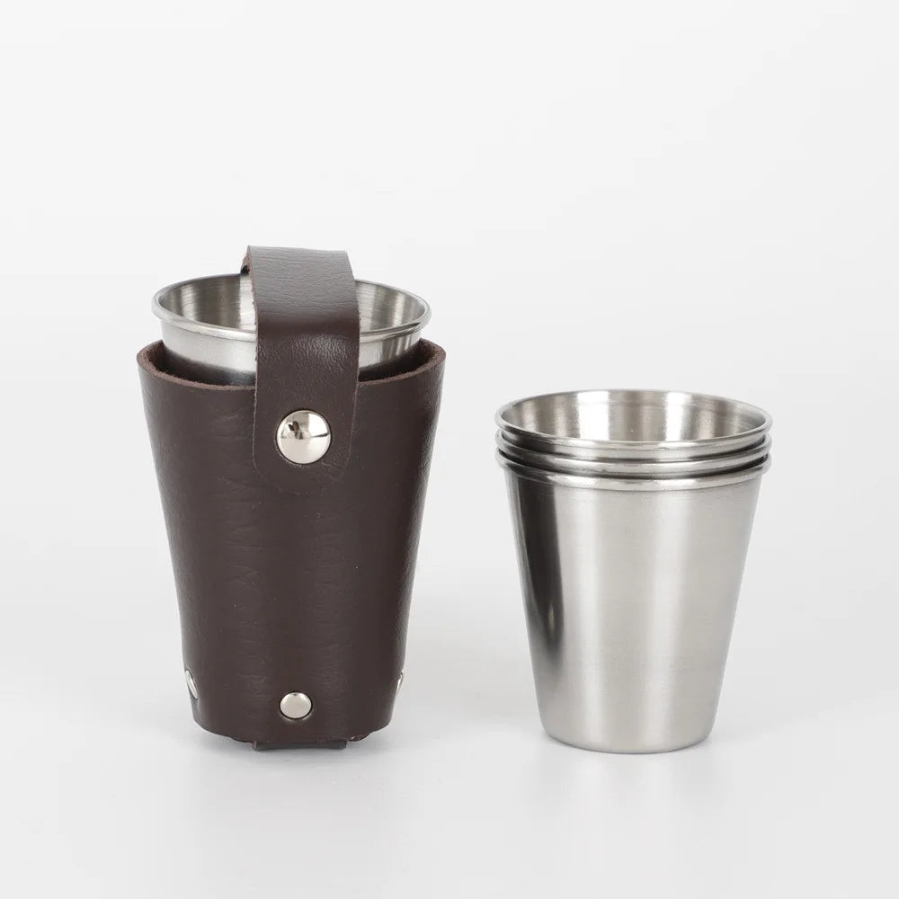 4 Pack Stainless Steel Shot Cups Set 2oz/70ml Metal Shot Glasses with Leather Carry Case