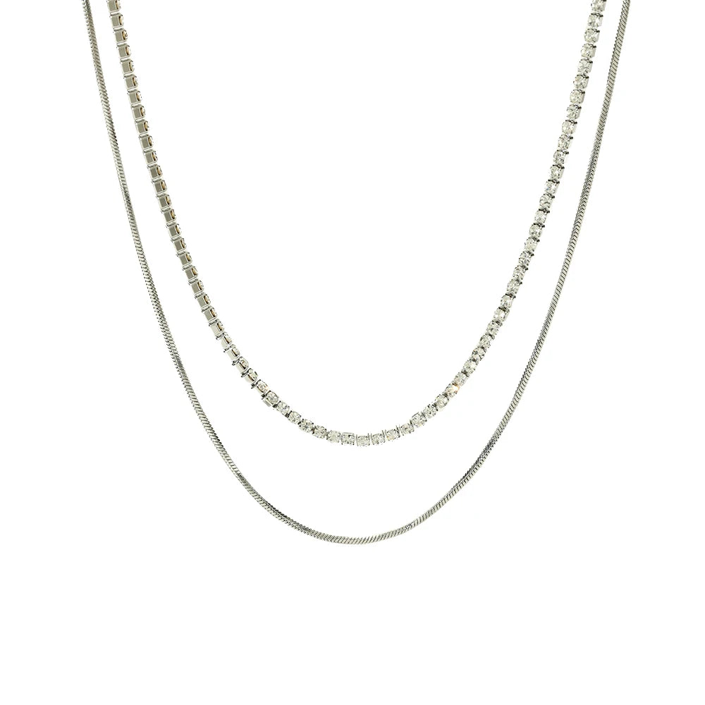 Fashionable Double-Stranded Snake Tennis Chain Necklace for Women Stainless Steel Silver Finish Classic Zircon Anniversary