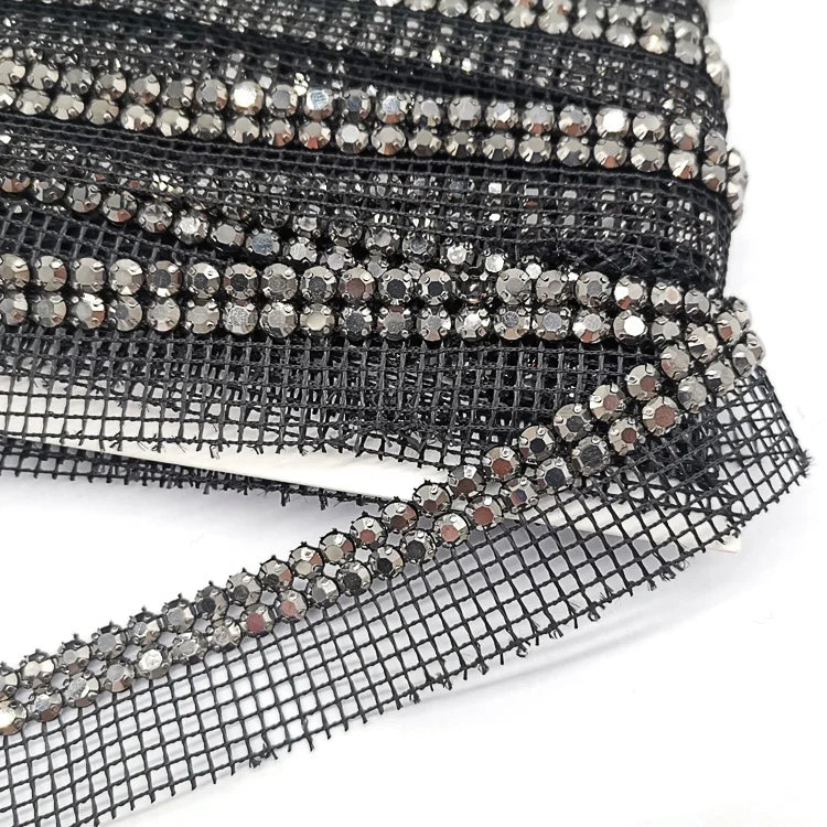 High Quality Custom Designed Two-Row Hematite Rhinestone Trimming Black Fabric Banding for Garment Hat Decoration Sew-On