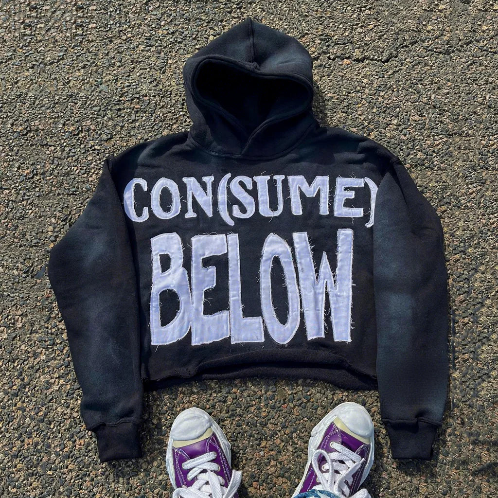 Streetwear Brand 100% Cotton Pullover Applique Hoodie 450 Gsm Acid Wash Cut Edge Hem Patch Embroidery Hoodie
