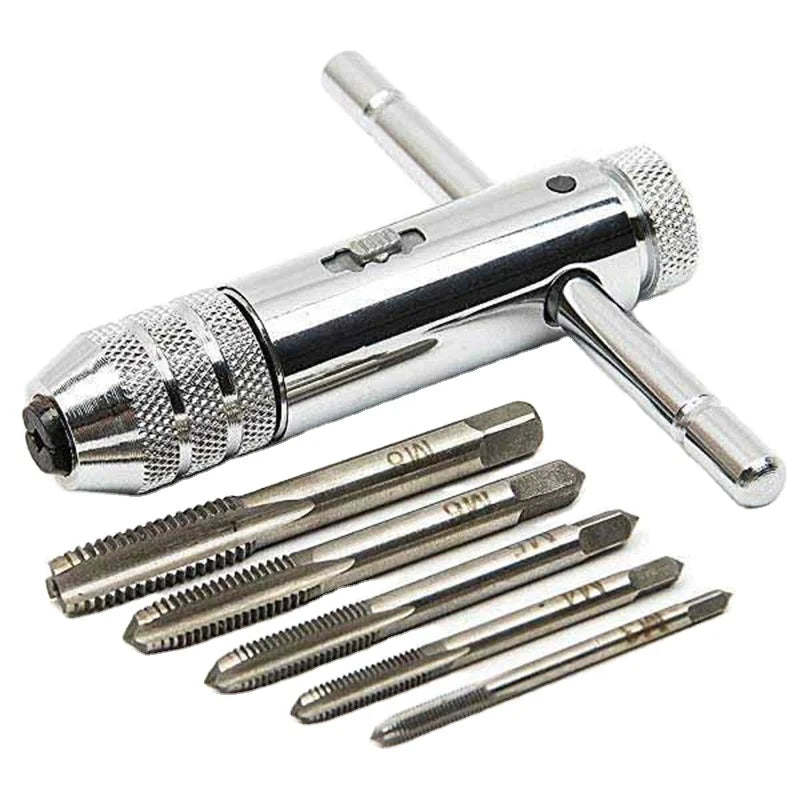 T-Handle Ratchet Tap Wrench Adjustable Thread Metric Tap Holder Plug Tap ISO Standard Woodworking Silver Plated Steel