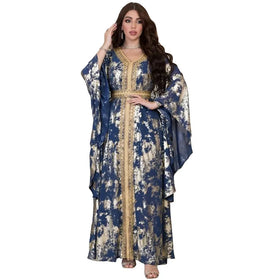 Custom Ramadan Abaya Dubai Kaftan Muslim Dress Chiffon Bronzing Robe Kaftan Woman Evening Dress With Belt