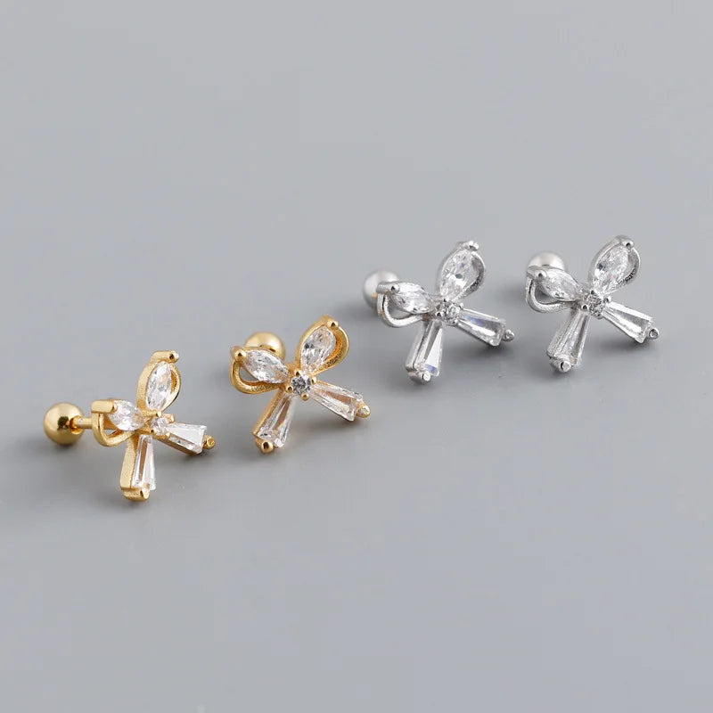 Classic Cute Design 925 Sterling Silver Zircon Bowknot Screw Stud Earrings S925 Girl Women