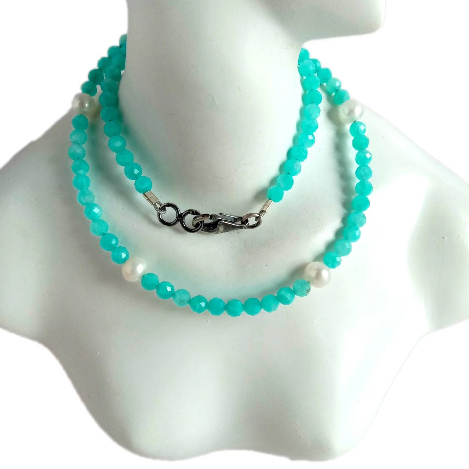 100% Natural Amazonite and pearl Beads  925 Sterling Silver Necklace