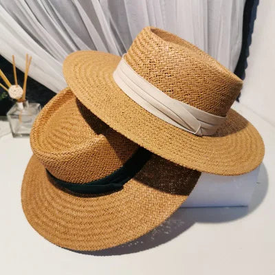 INS Korea Fashion Casual Sombrero Visor Boater Sun Hat Women Adult Summer Beach Travel Outdoor Wide Brim Ribbon Straw Flat Image