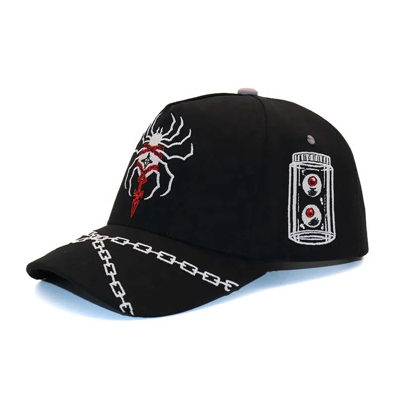 Black Caps Spider Embroidery Suede Baseball Hats Pure Cotton Embroidery Logo Custom 5 Panel Adjustable Caps
