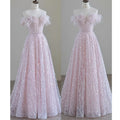 Custom Made Modest Off-the-Shoulder A-Line Pink Party Gown Sweetheart Crystal Beaded Prom Dress with Long Feathers Floor-Length