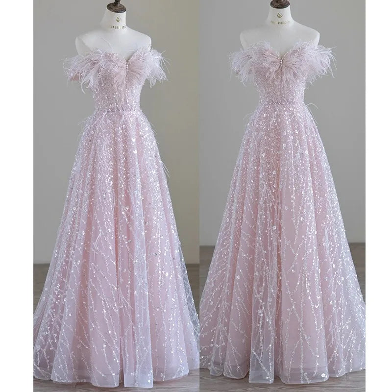 Custom Made Modest Off-the-Shoulder A-Line Pink Party Gown Sweetheart Crystal Beaded Prom Dress with Long Feathers Floor-Length