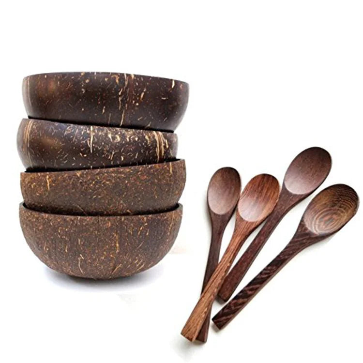 Wholesale High Quality Custom Round Natural Polishing King Rice Salad Wood Coconut Shell Half Crafts Wooden Bowl Set