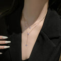 Multi Layered Stainless Steel 18K Gold Plated Y Shaped Tassel Round  Clear Crystal Zircon Pendant Necklace