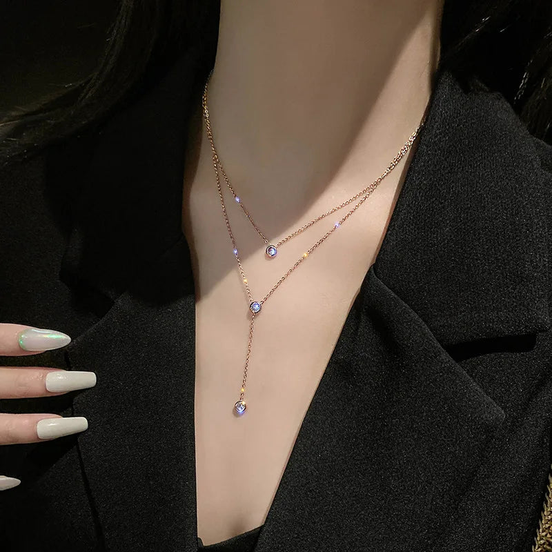 Multi Layered Stainless Steel 18K Gold Plated Y Shaped Tassel Round  Clear Crystal Zircon Pendant Necklace
