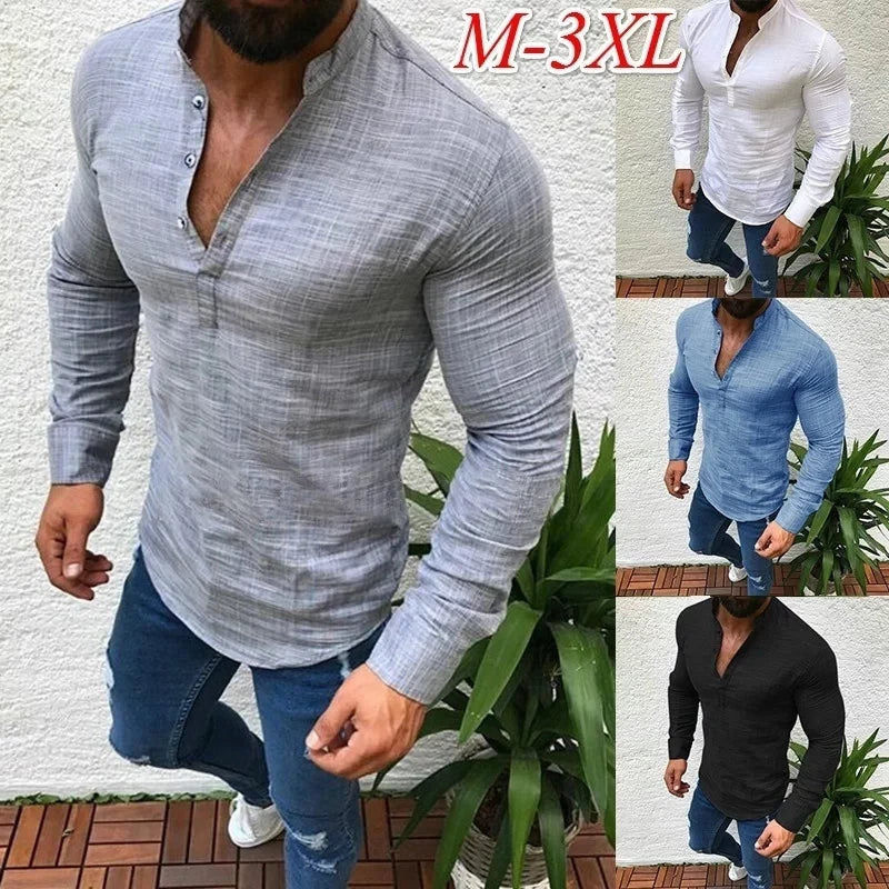 Mens Casual Shirts Cotton Linen Shirt Loose Tops Long Sleeve Solid Slim Blouse Autumn Casual Soft Men Dress Shirts-3XL  Autumn