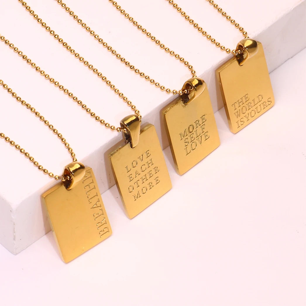 Custom Stainless Steel Gold Plated Necklace Rectangle Pendant Featuring English Proverb Letter Shape Joyas Acero Inoxidable
