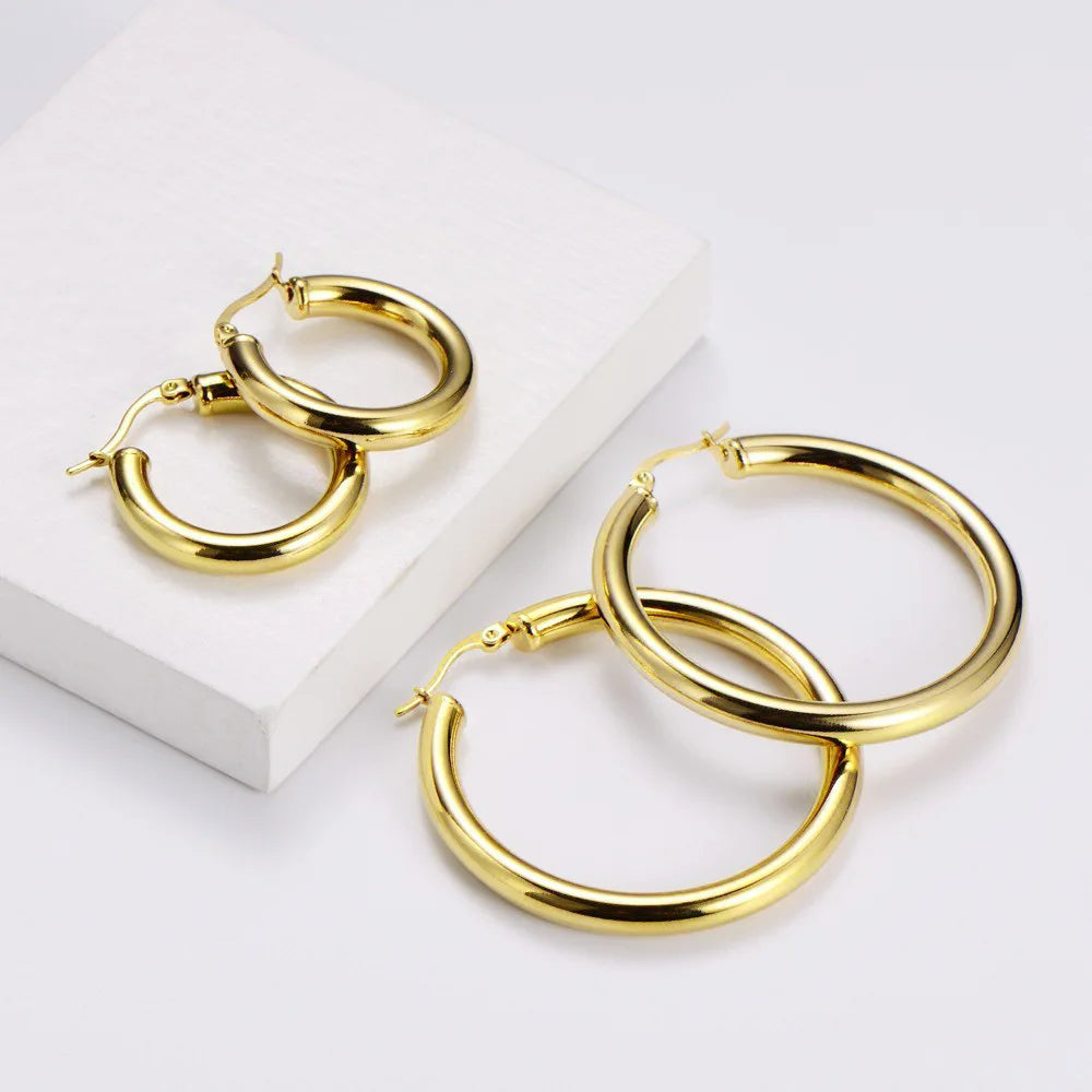 Fashion 18K Gold Plated Stainless Steel Jewelry Hollow Round Big Large Thick Hoop Earrings for Women