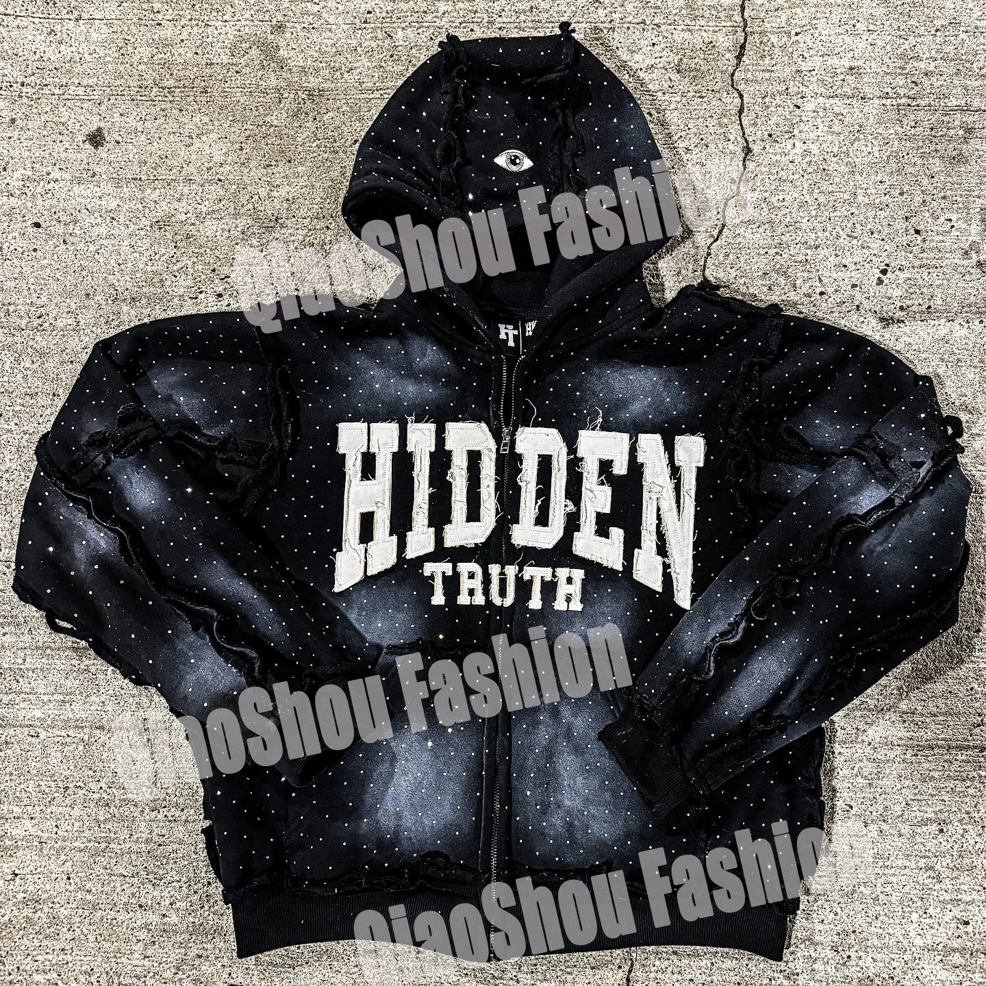 Factory Custom Streetwear Heavyweight Cotton Oversized Full Rhinestone Applique Logo Zip up Washed Hoodies