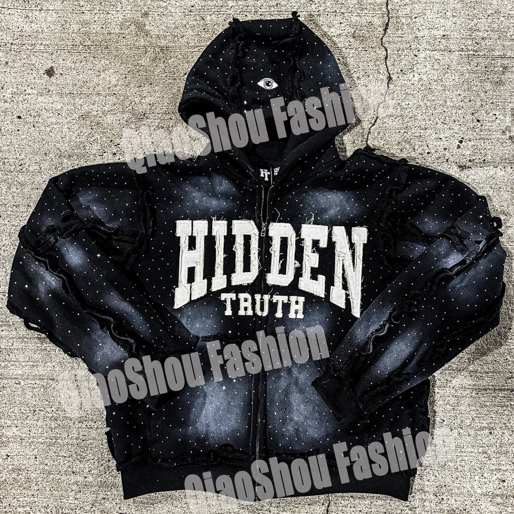 Factory Custom Streetwear Heavyweight Cotton Oversized Full Rhinestone Applique Logo Zip up Washed Hoodies