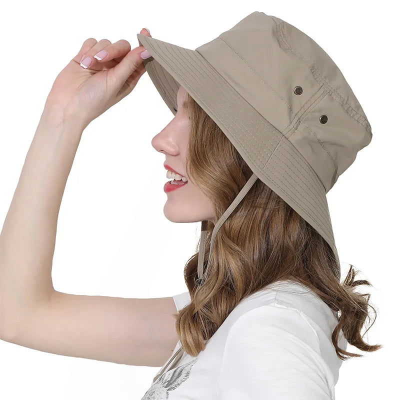 Adjustable String Custom Logo Cotton Fabric Outdoor Wide Brim Sun Protection Portable Fisherman Bucket Hat Cap