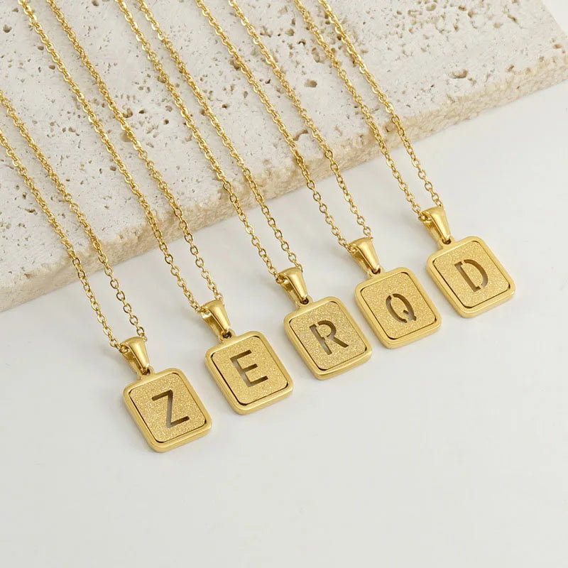 Trendy Fashion Initial 26 English Alphabet Letters Necklace Gold Plated Stainless Steel Pendant Square Hollow Letter Necklace