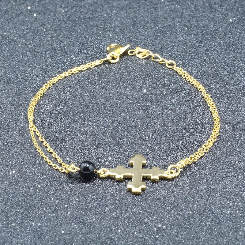 Christian Double Chain Natural Bead Gold Plated Bracelet Turquoise Beads Cross Charm Bracelet 925 Sterling Silver Bracelets