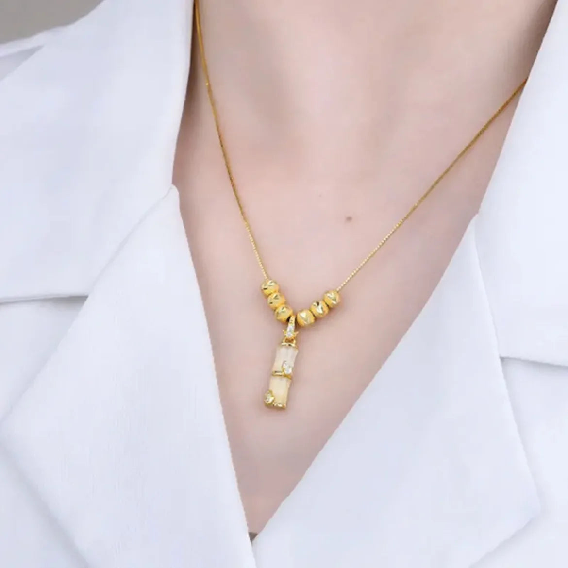 Trendy Stainless Steel Bamboo Shape Opal Necklace Jewelry Lucky Zircon Charm 18k Gold Plated Green Jade Bamboo Necklace